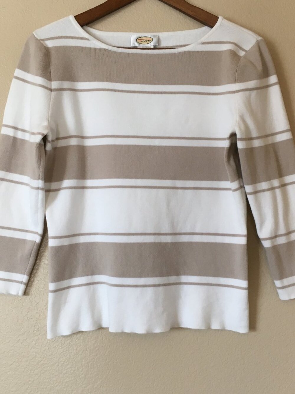 Vintage Talbots Beige White Top M Shirt Cotton Stretch Boatneck 3/4 Sleeve